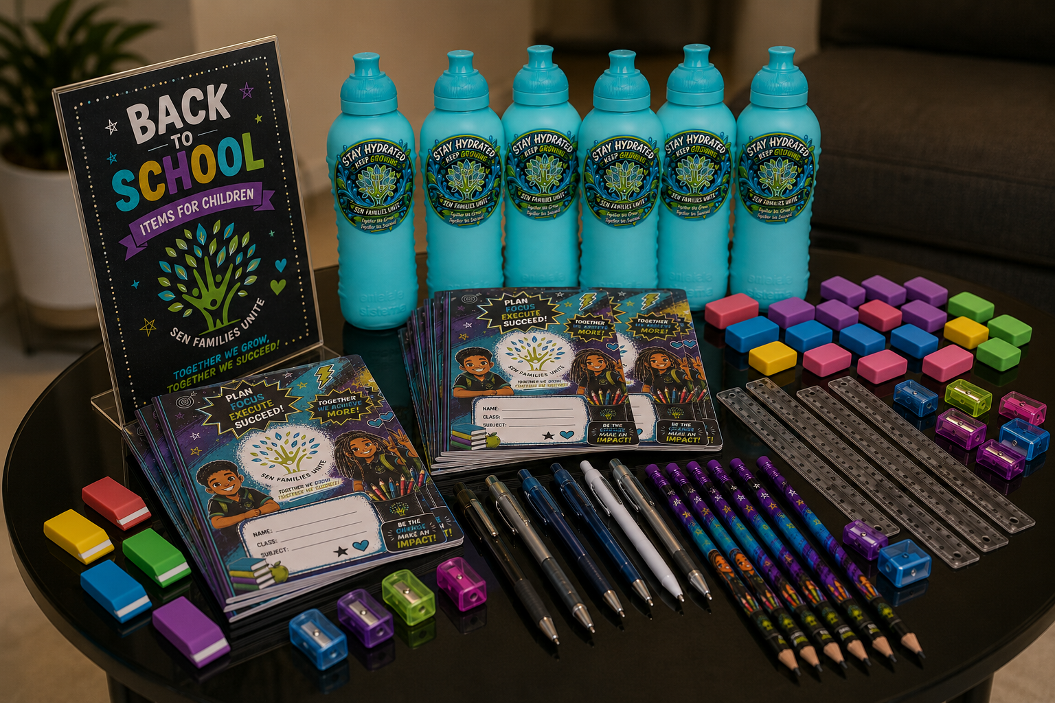 Back-to-school items prepared by SEN Families Unite CIC, including branded notebooks, water bottles, pens, rulers and erasers.
