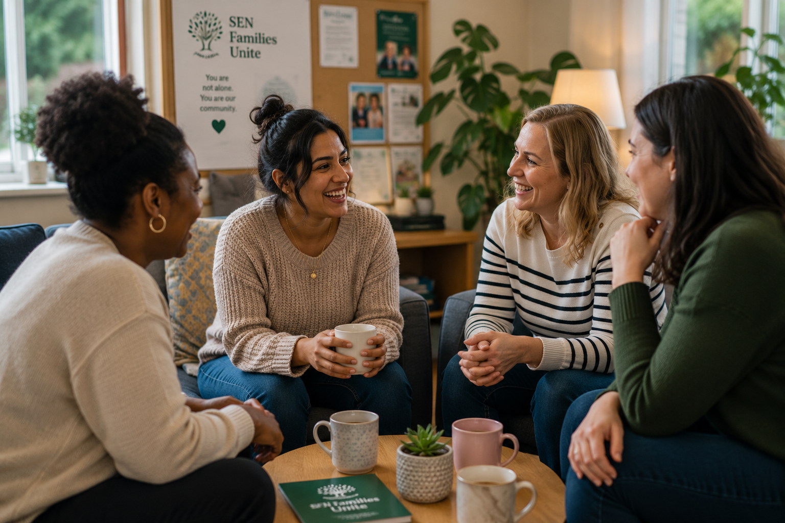 Parents and carers sitting together with warm drinks, talking and supporting one another at a SEN Families Unite peer support group