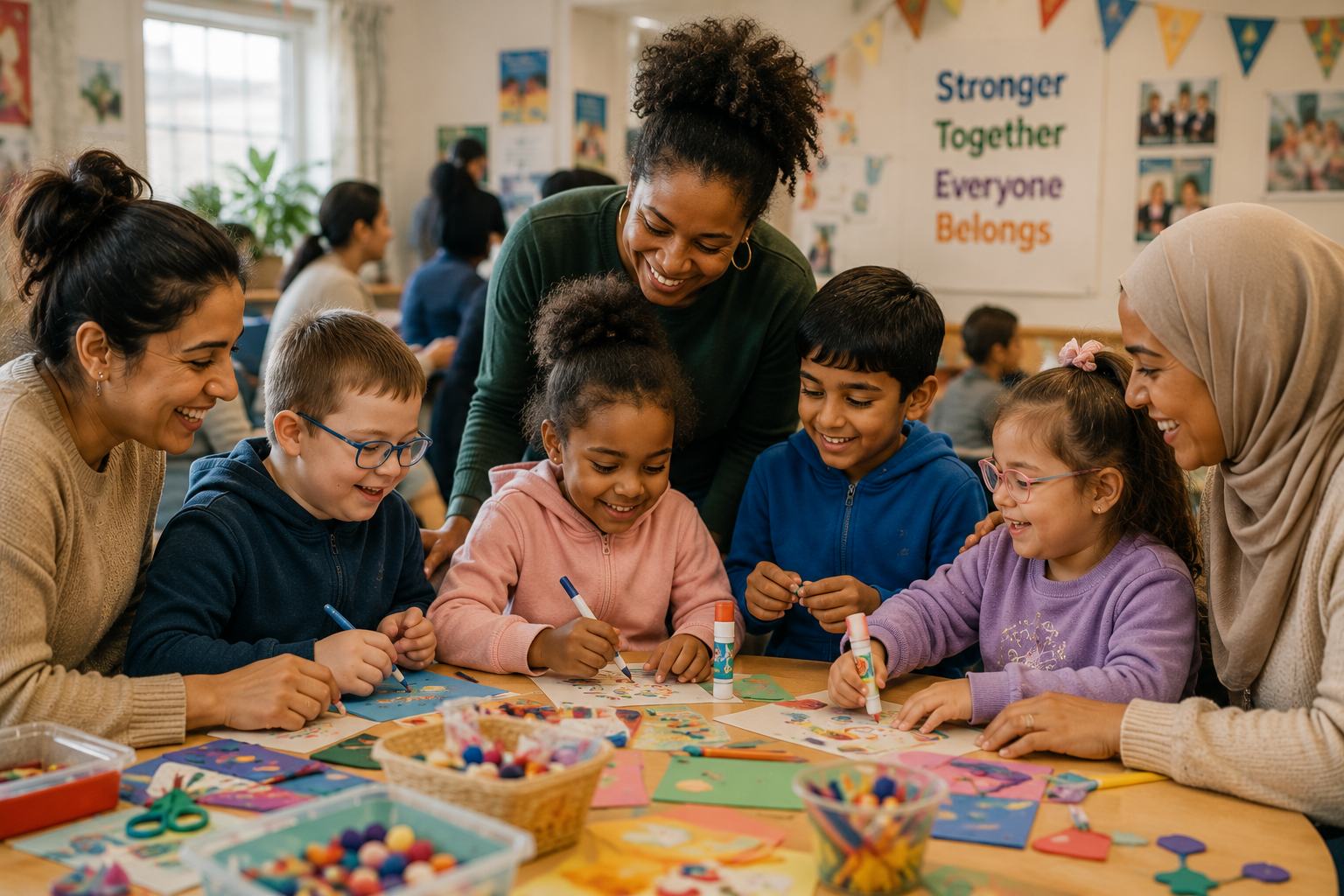 Children and families taking part together in an inclusive arts and crafts activity run by SEN Families Unite